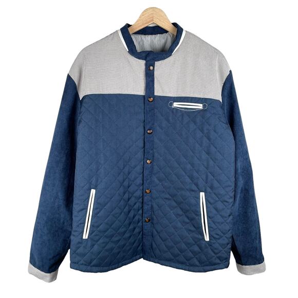 Navy Blue Quilted Mens Snap Button Jacket Casual Shirt Jacket w Pockets - Picture 1 of 11